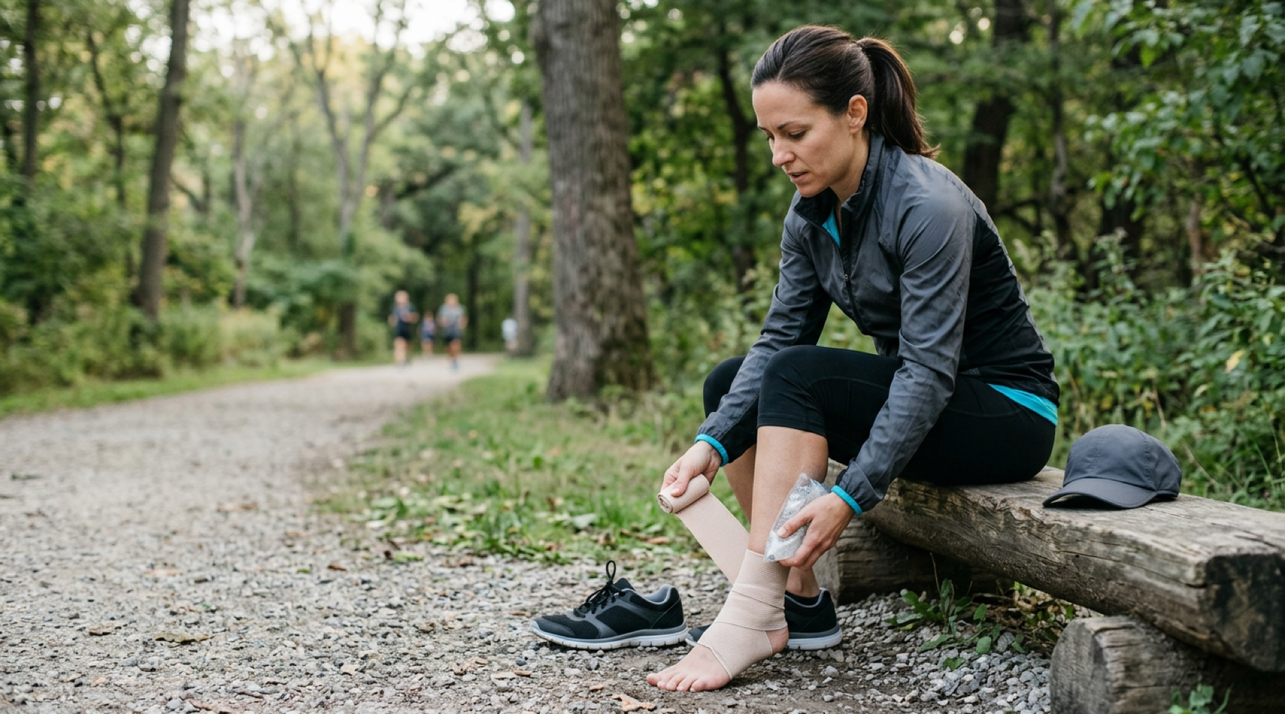 Runner sitting on a park bench icing and wrapping a sprained ankle