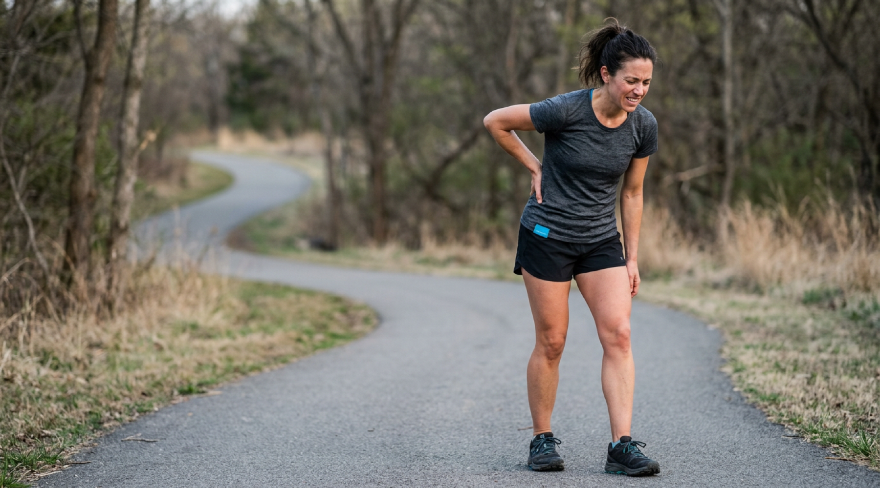 Runner pausing mid-run holding lower back in discomfort