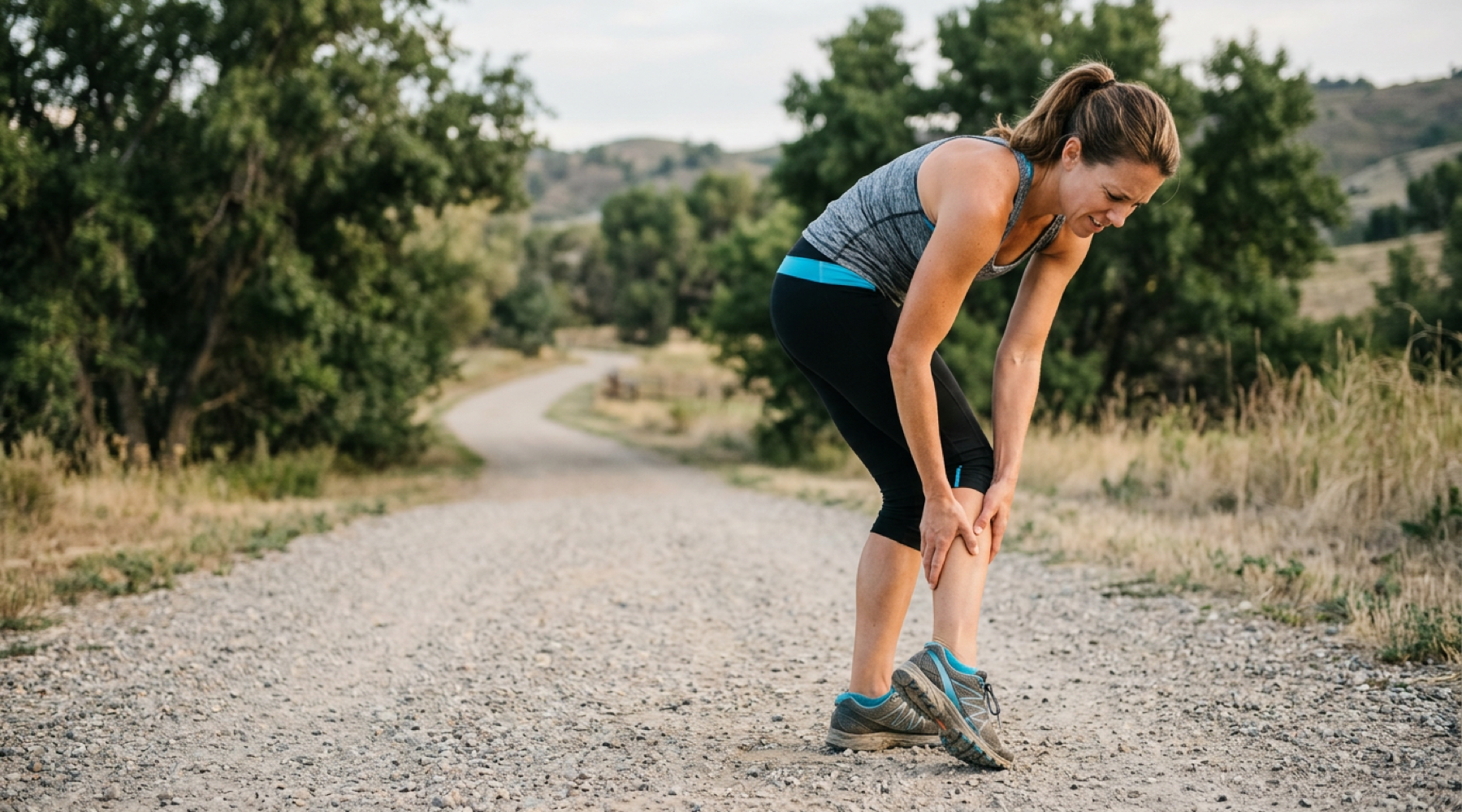 Runner clutching calf muscle in pain while stopped on a trail
