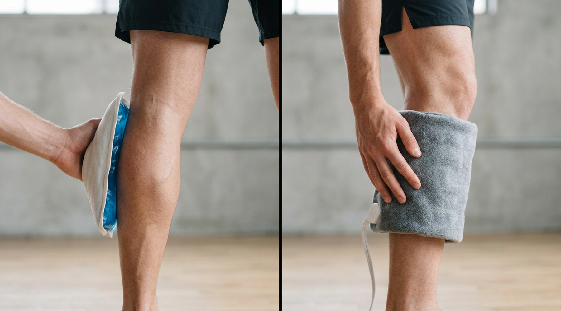 Split image comparing ice pack and heating pad therapy on a leg