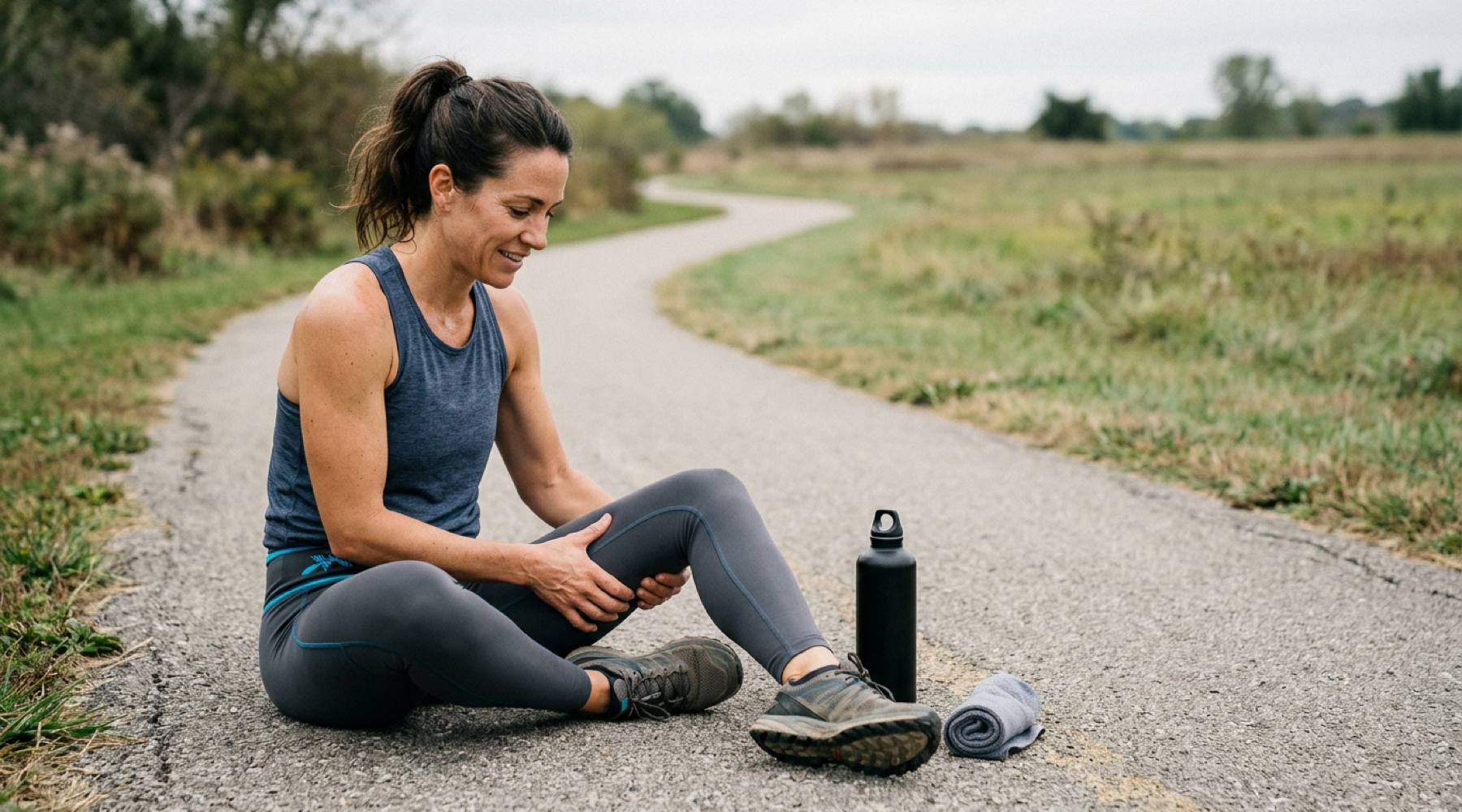 Fatigued athlete stretching sore thigh after a hard workout