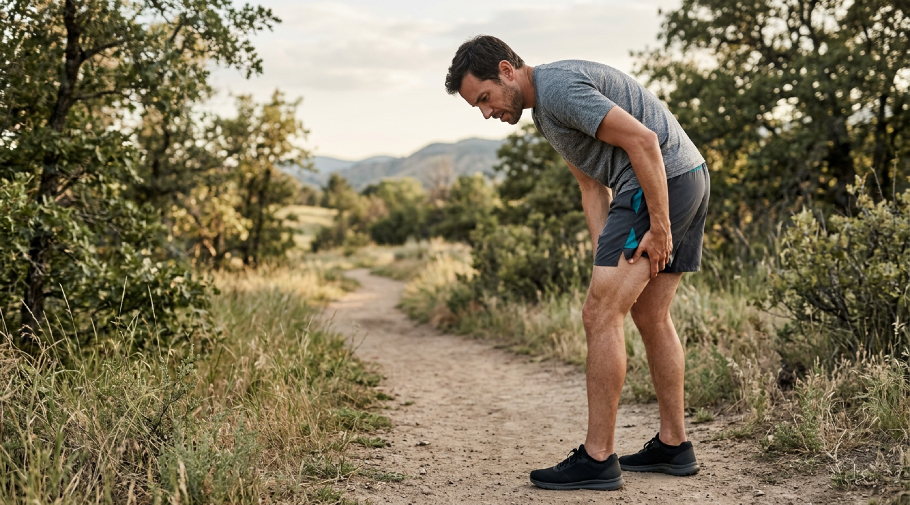 Runner gripping the back of their upper thigh in a hamstring stretch