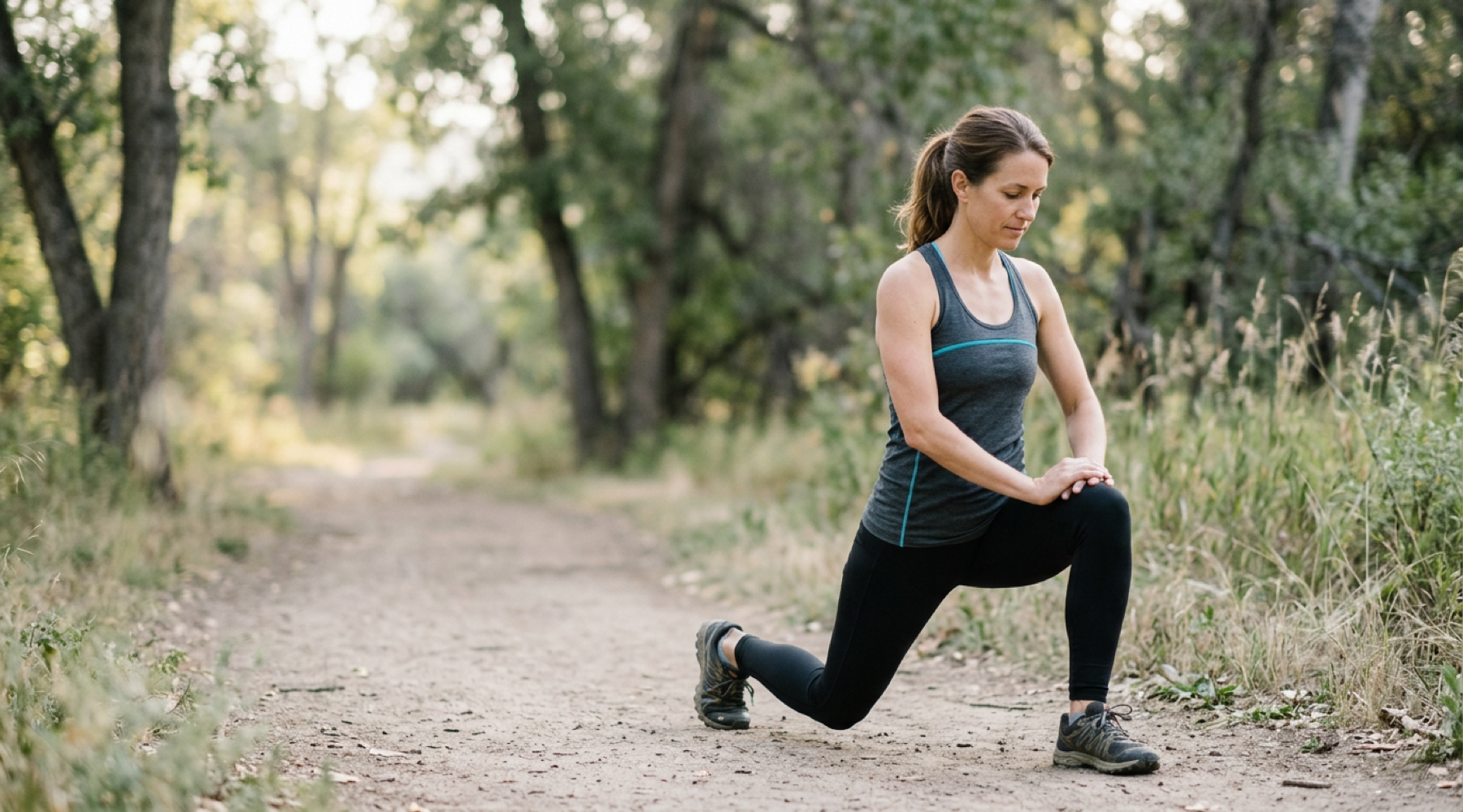 Runner performing a standing lunge hip flexor stretch