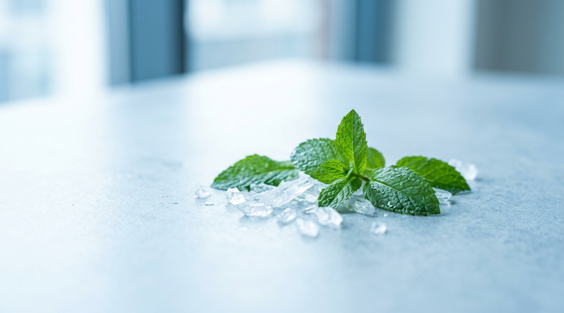 Mint leaves and menthol crystals with cool blue lighting