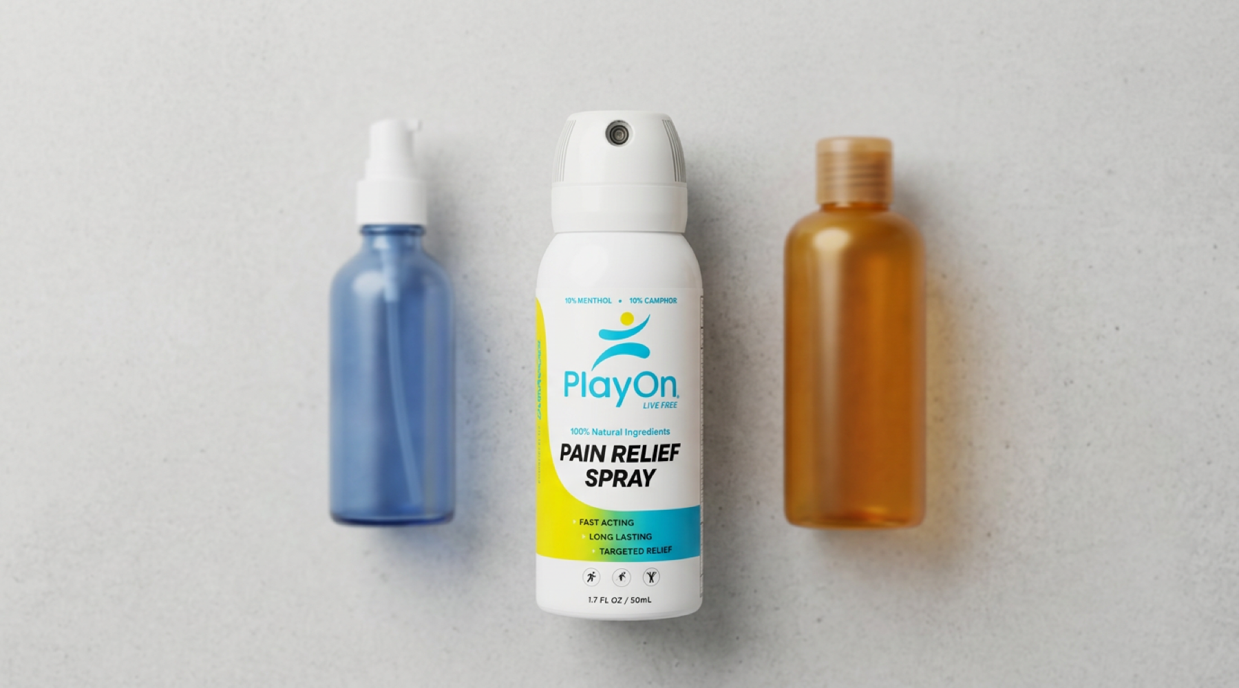 PlayOn Relief bottle compared with generic topical pain relief bottles