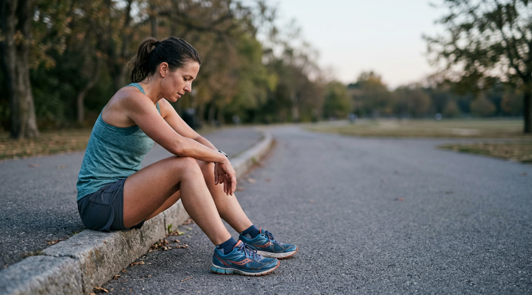 Fatigued runner sitting on a curb after a run