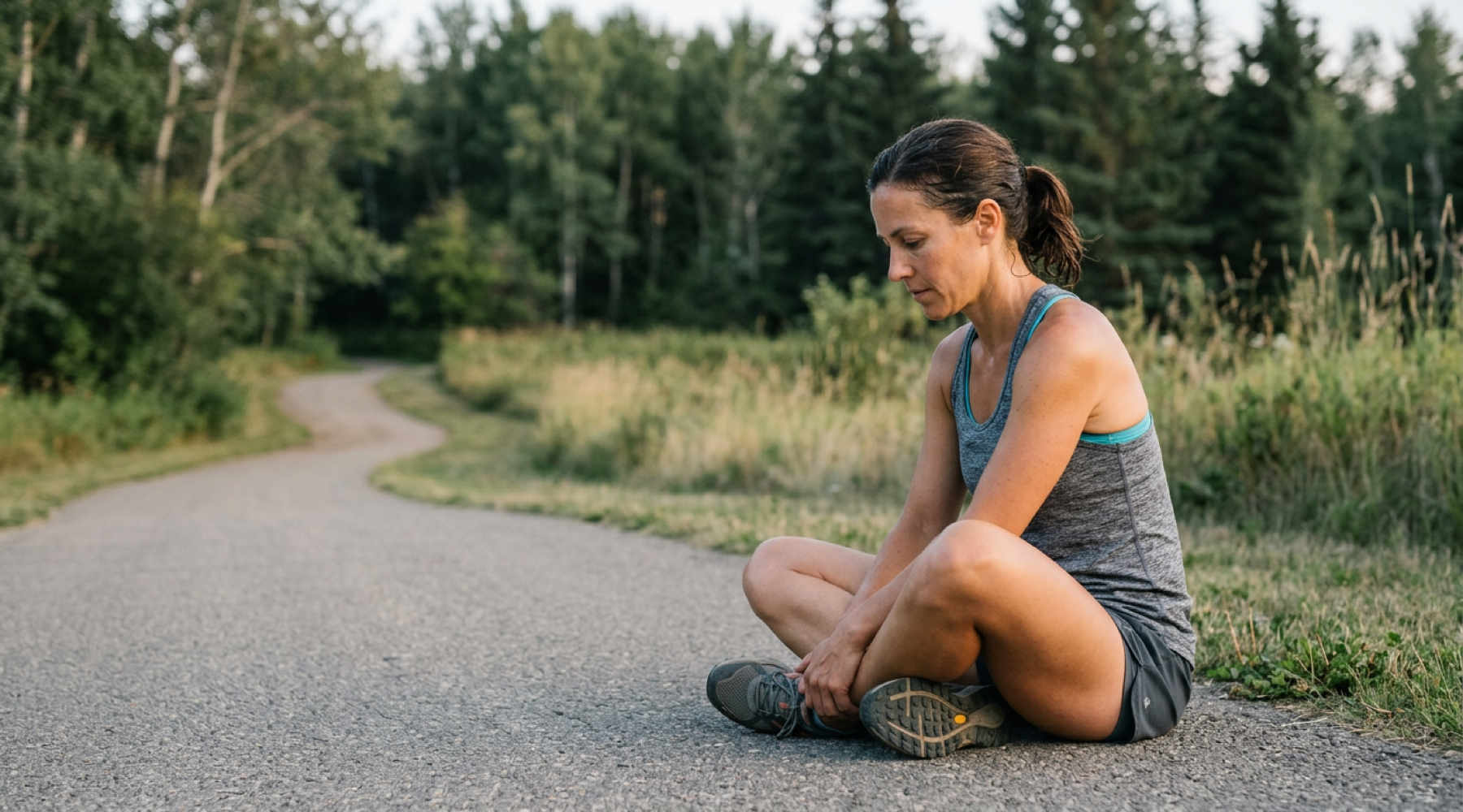 Runner performing a seated hip stretch outdoors