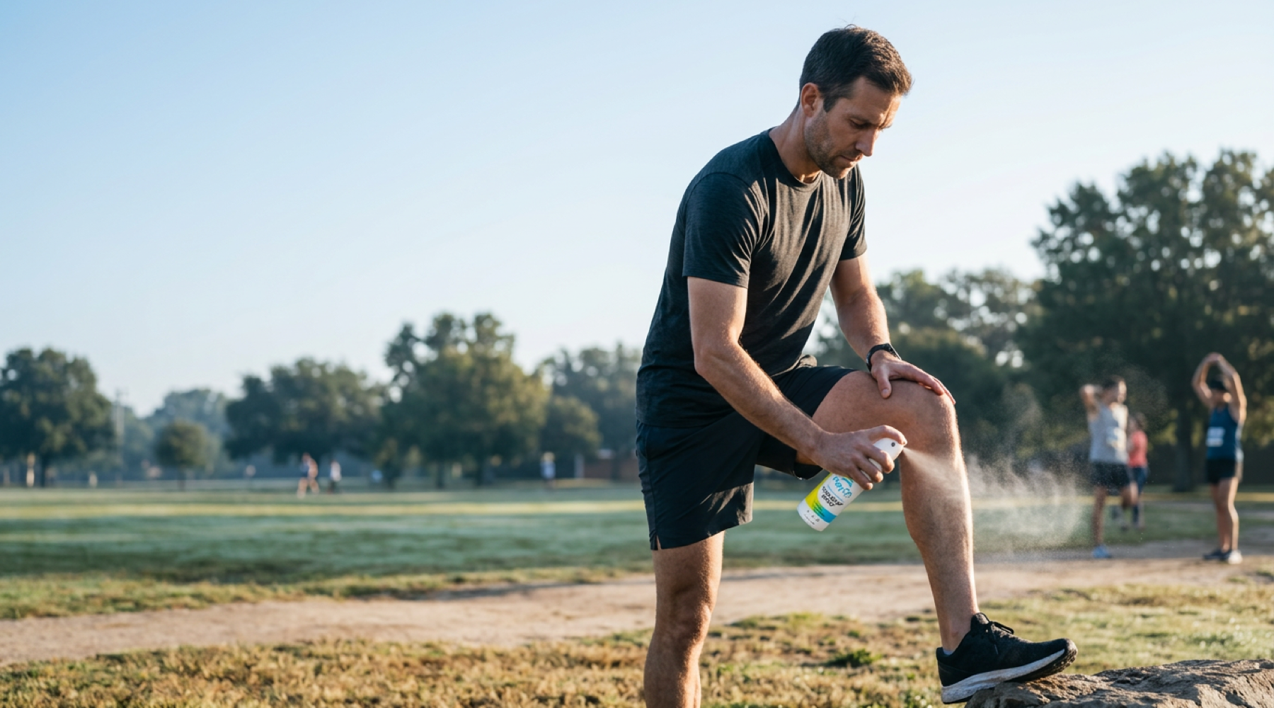 Runner applying PlayOn Relief spray to calf before a race