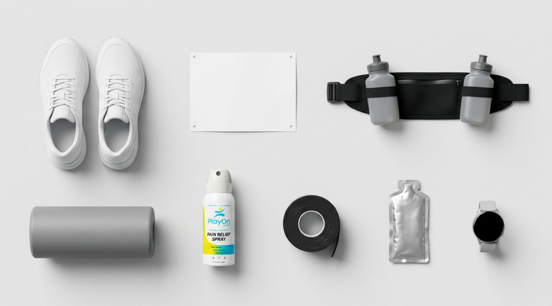 Overhead flat lay of race day gear including PlayOn Relief spray bottle