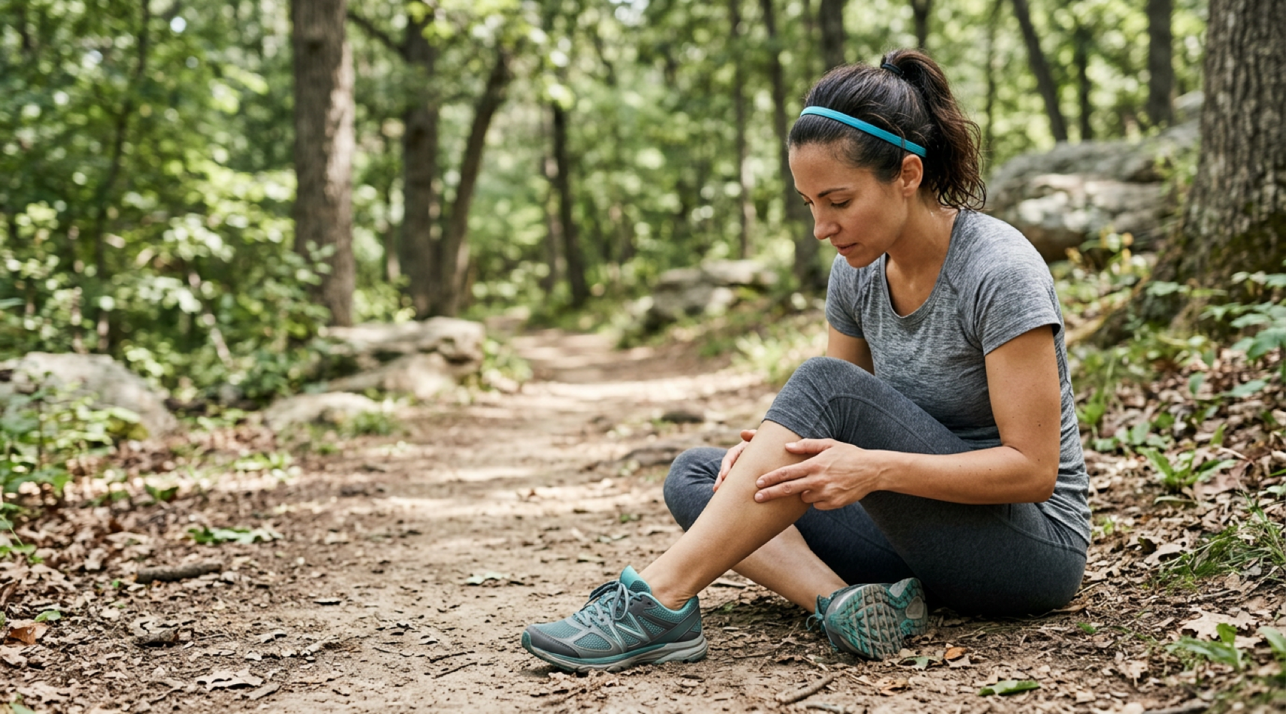 Runner examining tenderness along the shin