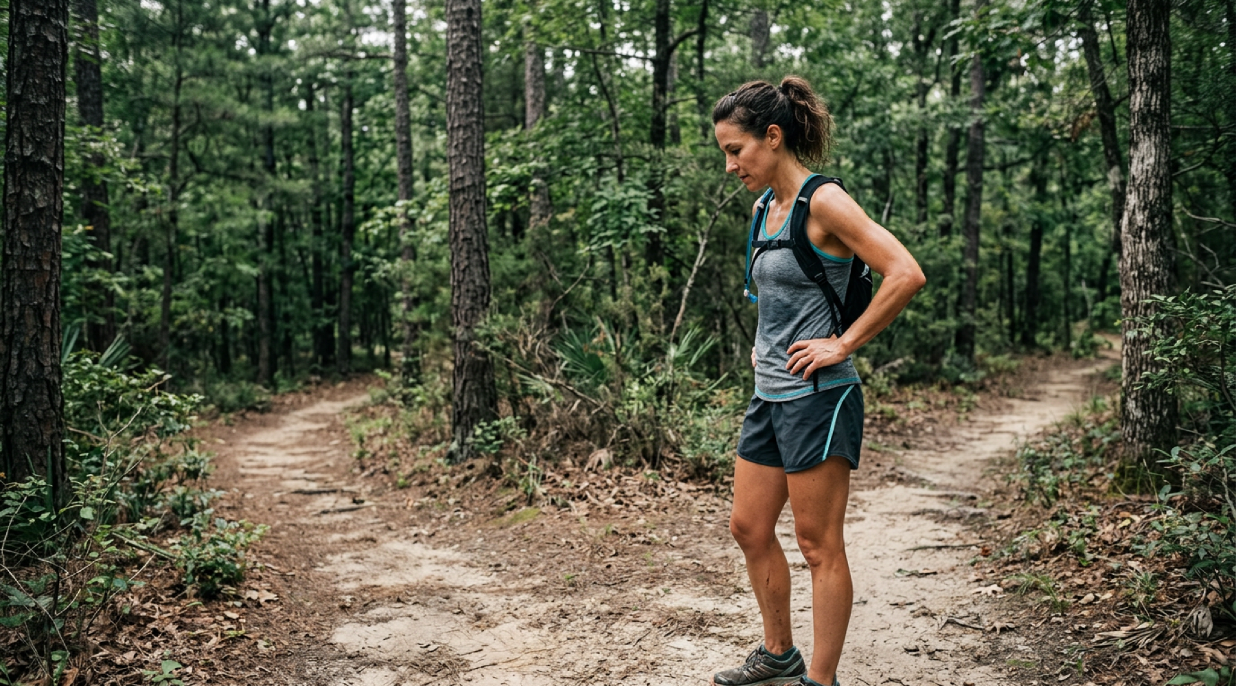 Runner pausing thoughtfully at a trail fork deciding whether to continue