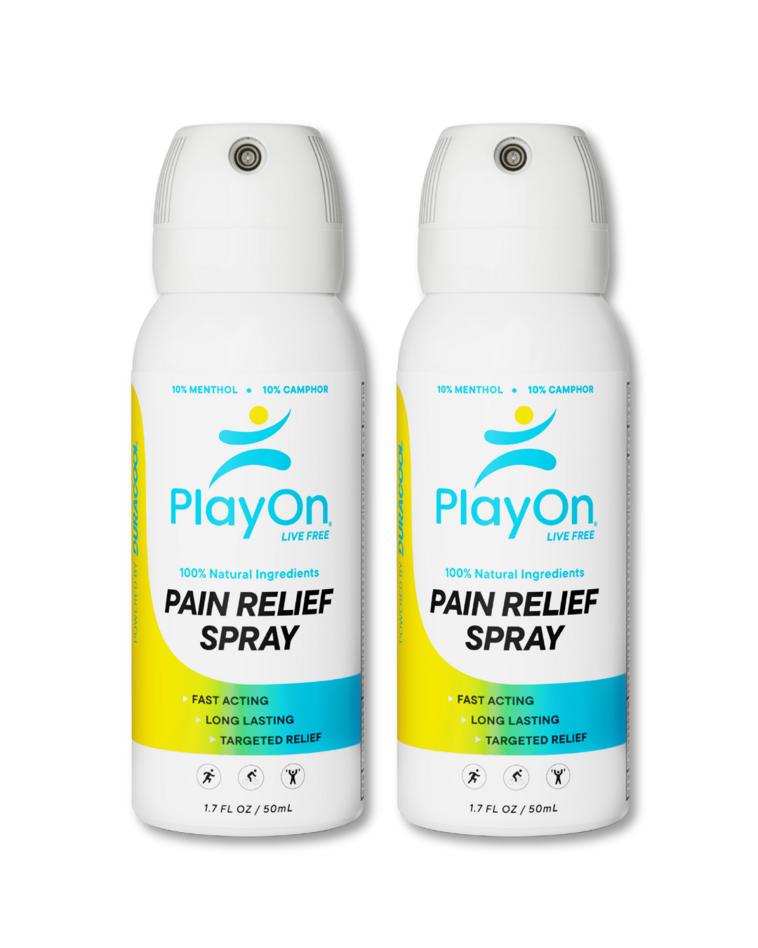 Two bottles of PlayOn Pain Relief Spray on a white background