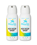 Two bottles of PlayOn Pain Relief Spray on a white background