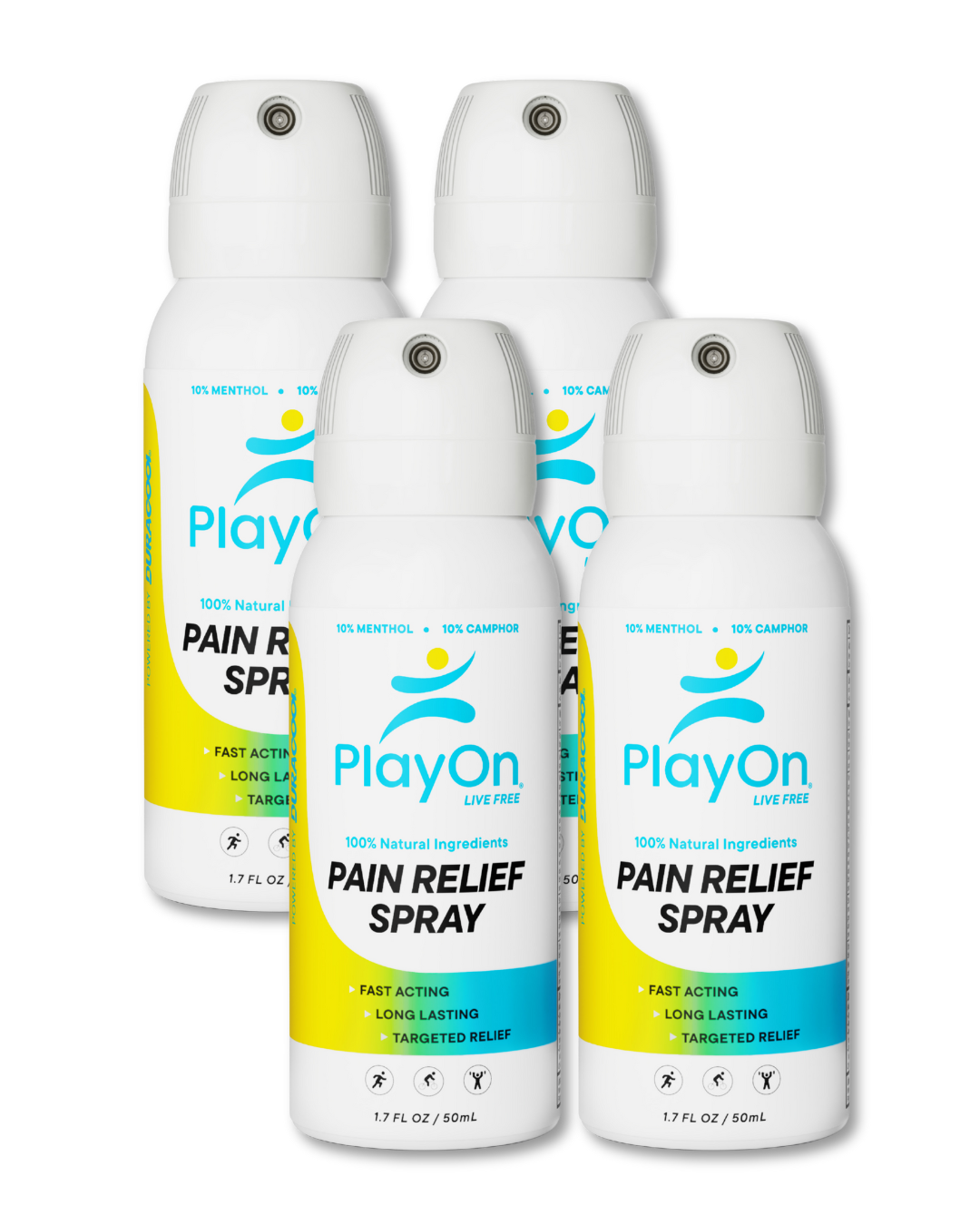 Four bottles of PlayOn Pain Relief Spray on a white background