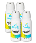 Four bottles of PlayOn Pain Relief Spray on a white background