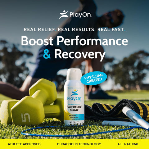 Play On Advanced Pain Relief Spray - Muscle Relaxer, Joint & Knee Pain Relief - Effective Cryotherapy & Numbing Spray - Shoulder, Elbow Tendonitis & Sciatica Relief - 2oz